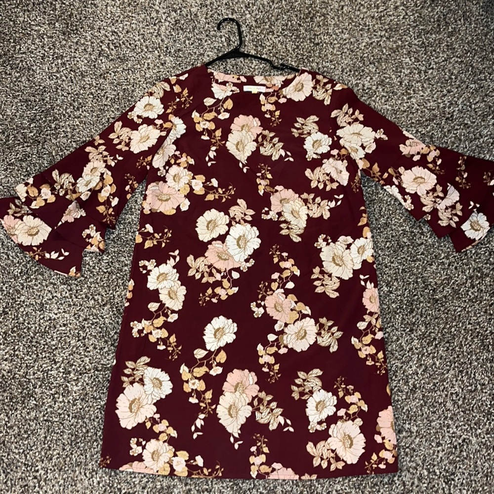 Red floral dress with gold accents